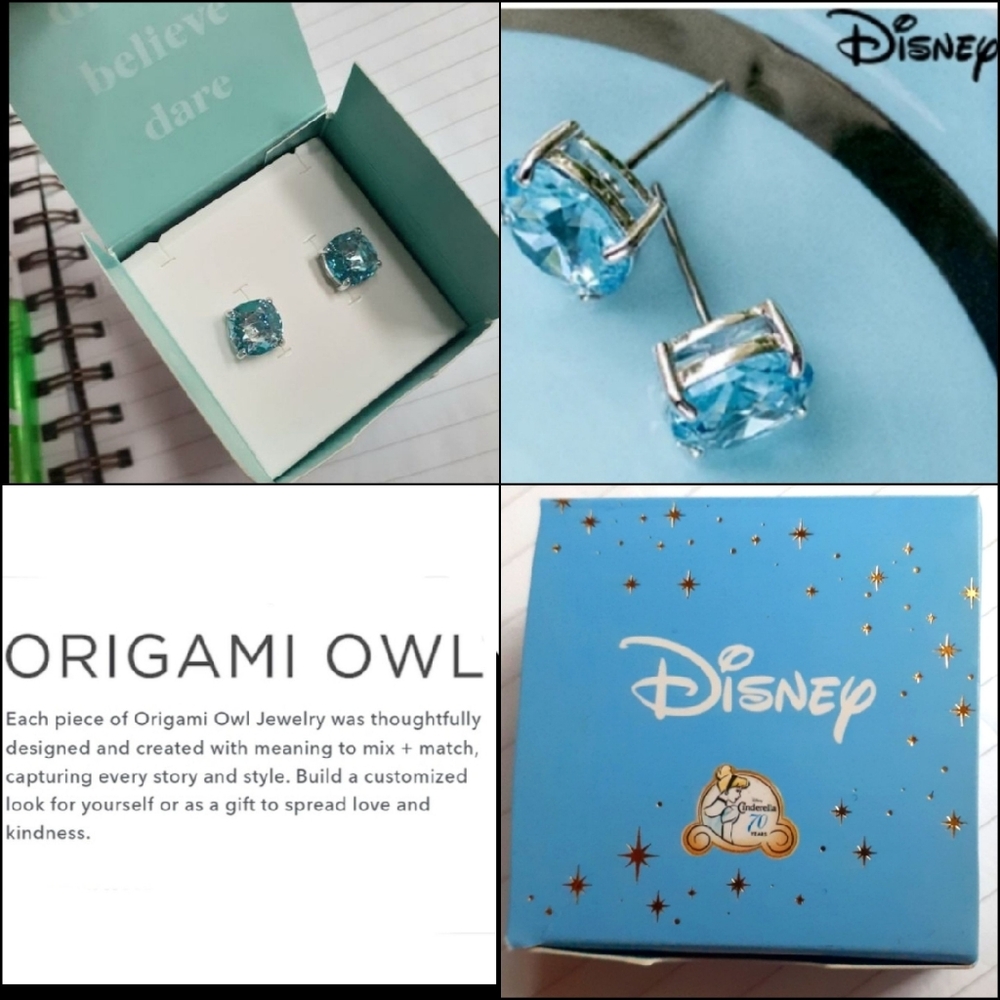 NIB Disney Cinderella Aquamarine Disney Clara Origami Owl Stud Earrings